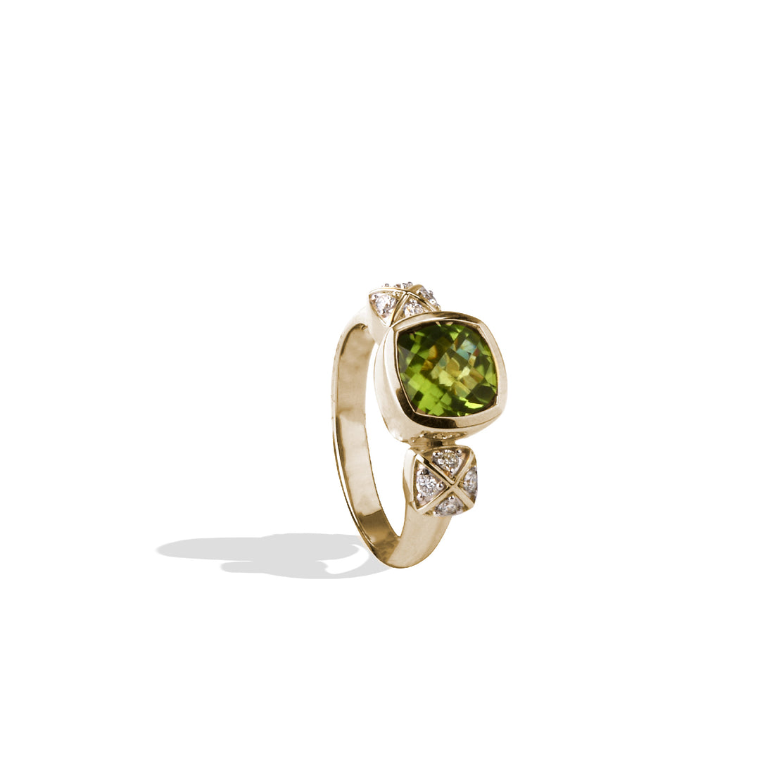 Solid Gold Natural White Diamond Peridot Dangle Ring