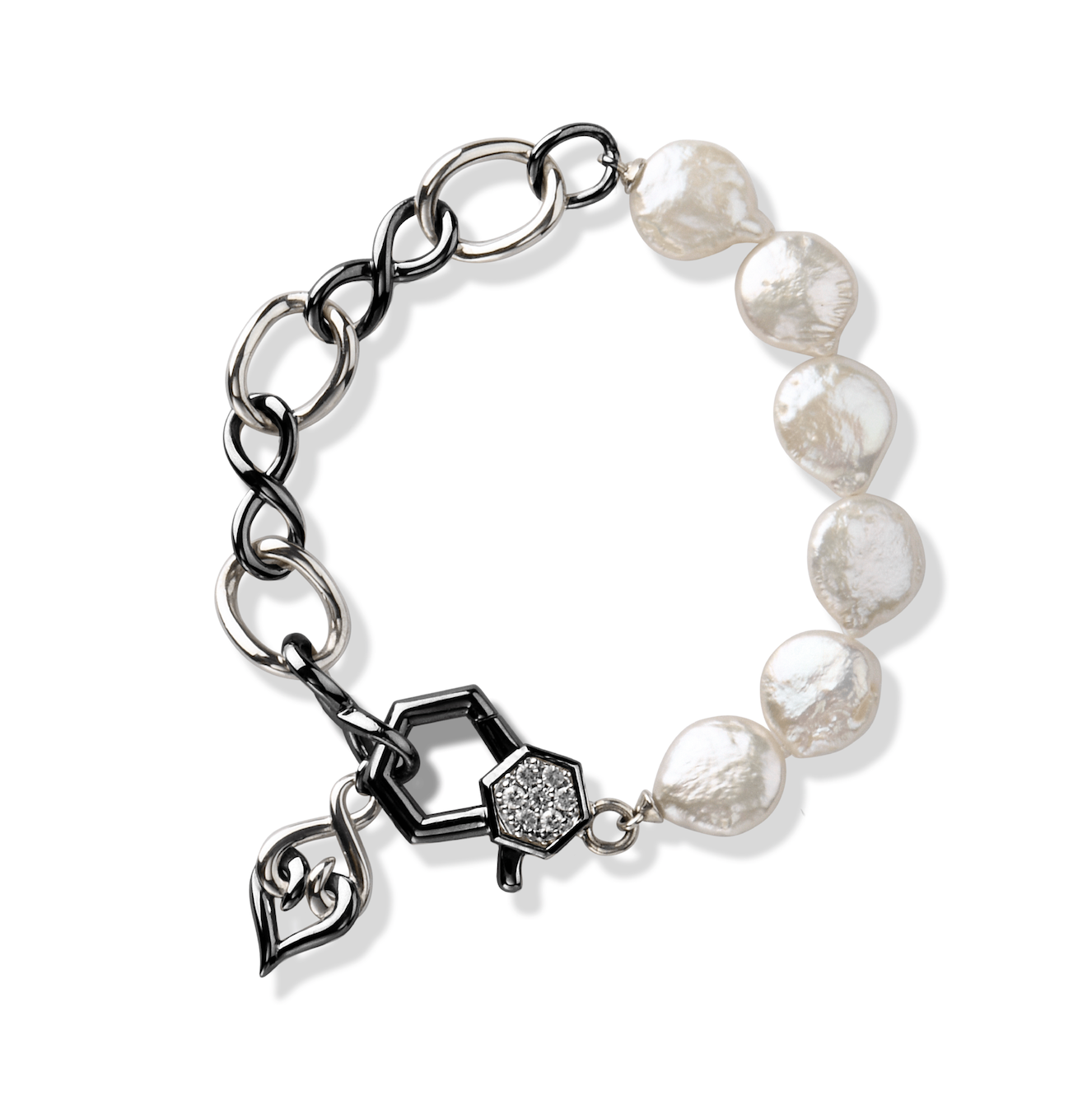 Sterling Silver and Black Silver White Sapphire Pearl Bracelet
