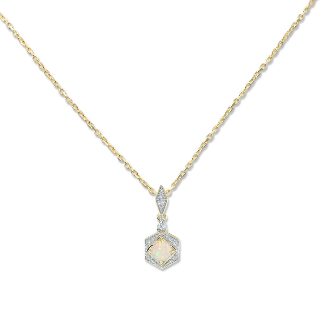 Gold Diamond Ethiopian Opal Hexagon Pendant