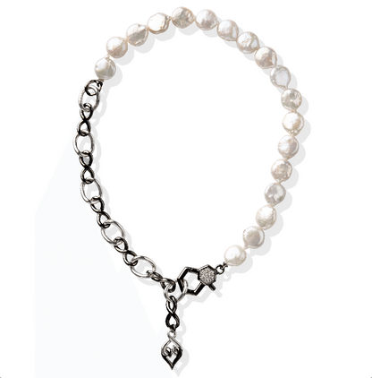 Silver Pearl Necklace | Sterling Silver  Black Platinum Pearl White Sapphire Necklace