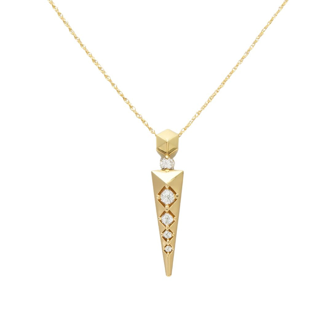 Gold necklace with a geometric pendant on a white background