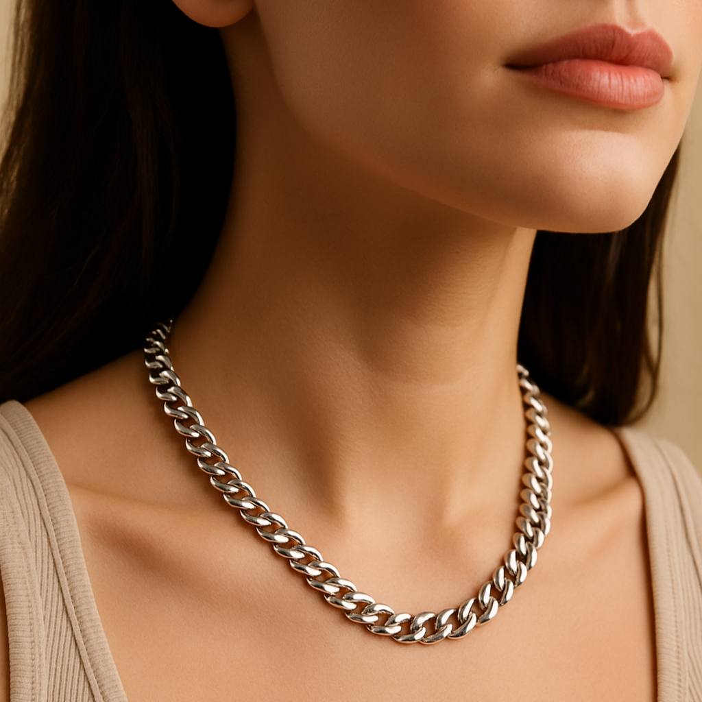 Close-up of a person wearing a silver chain necklace against a neutral background