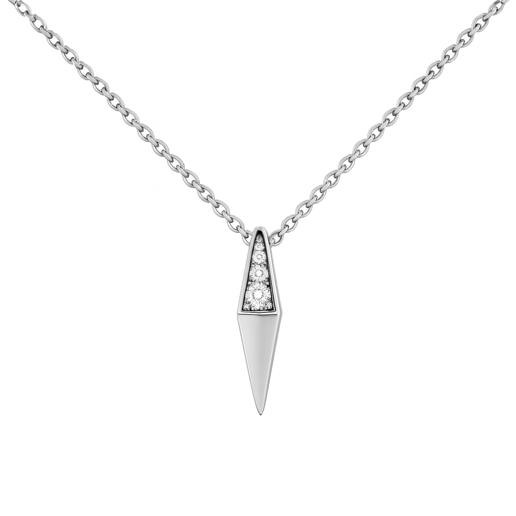 Silver necklace with a unique pendant on a white background