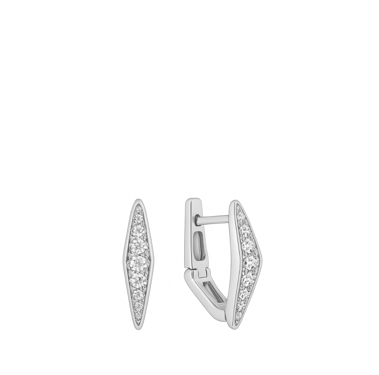 Pair of silver earrings with clear gemstones on a white background