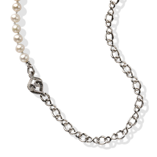 Sterling Silver White and Black Sapphire Pearl Necklace