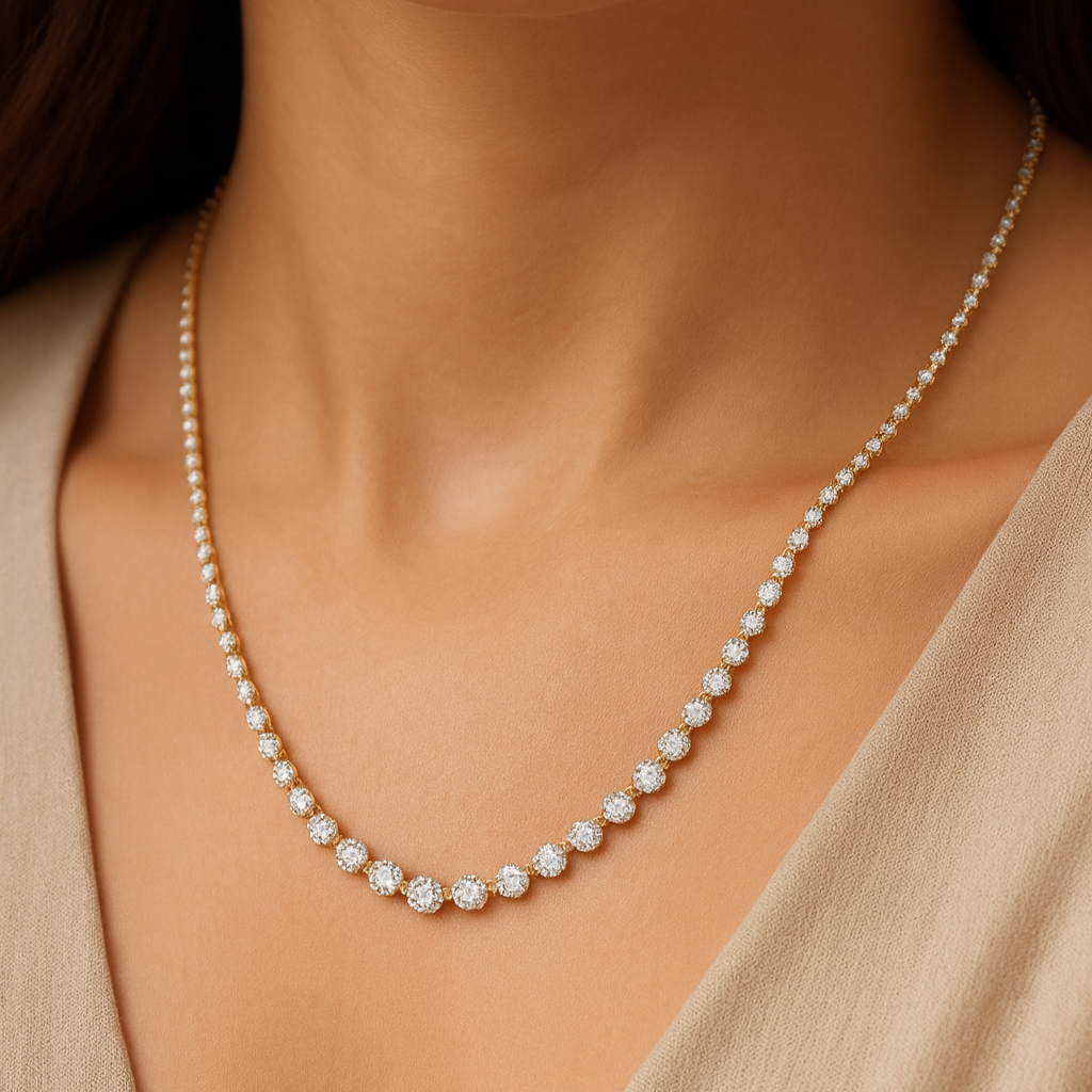 Close-up of a diamond necklace on a person wearing a beige top.