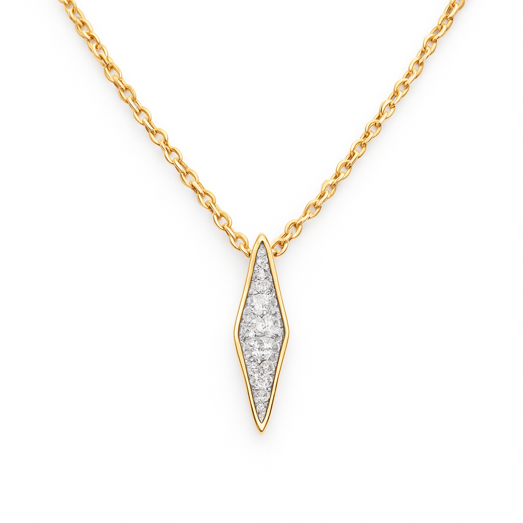 Gold necklace with a diamond-studded pendant on a white background