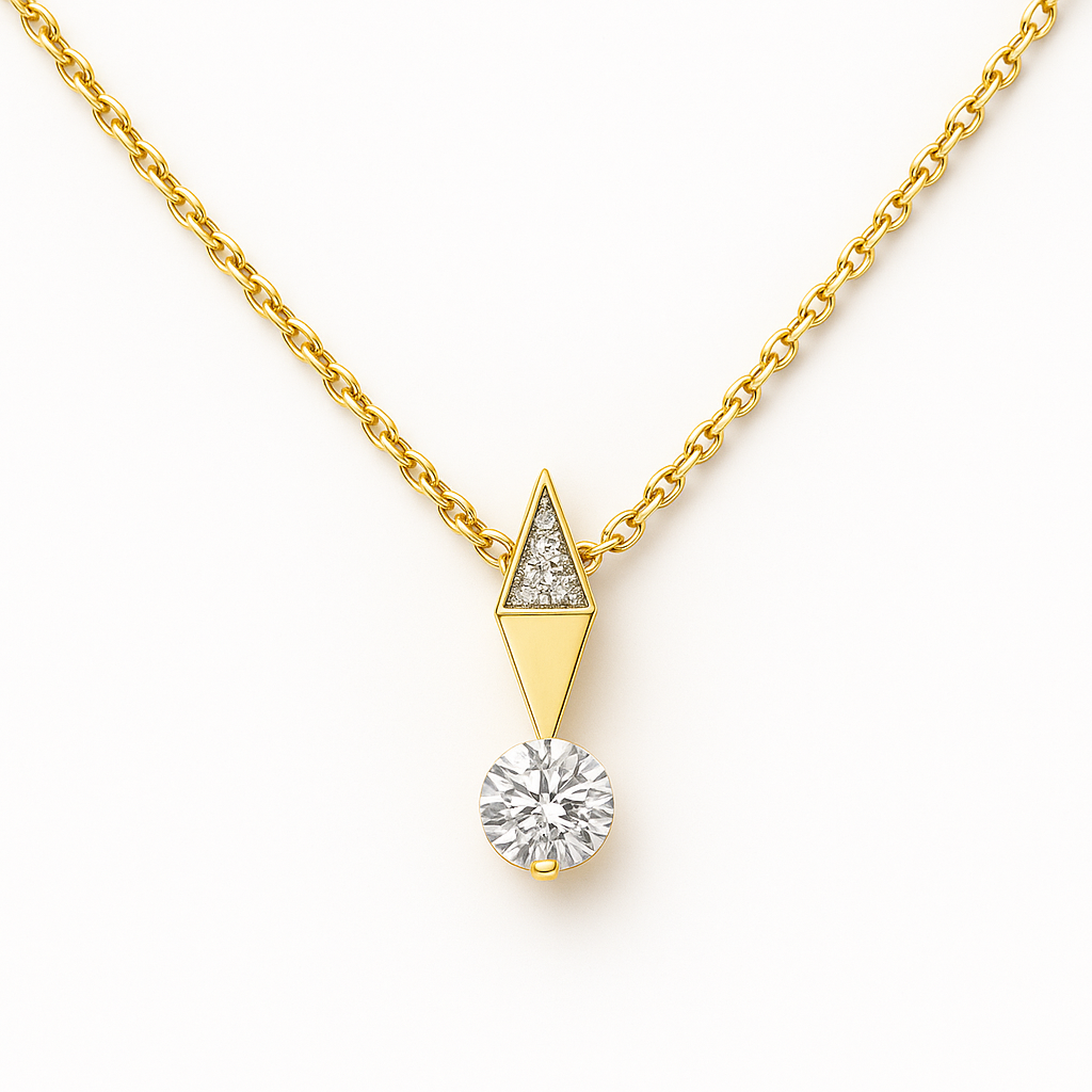 Gold necklace with a diamond pendant on a white background