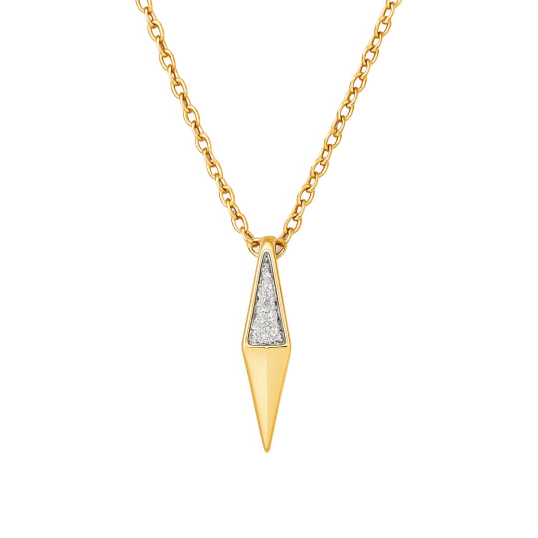 Gold necklace with a diamond-encrusted pendant on a white background