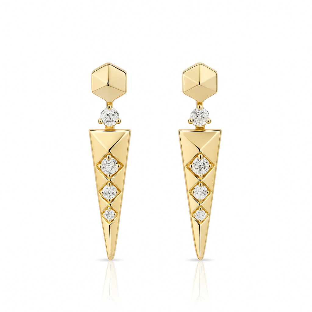 Gold earrings with diamond accents on a white background
