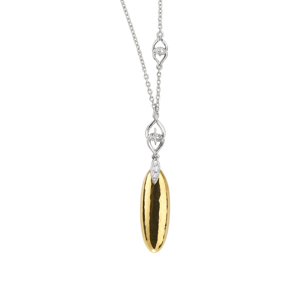 Necklace with a gold pendant and diamond accents on a white background