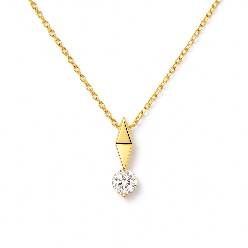 Gold necklace with a diamond pendant on a white background