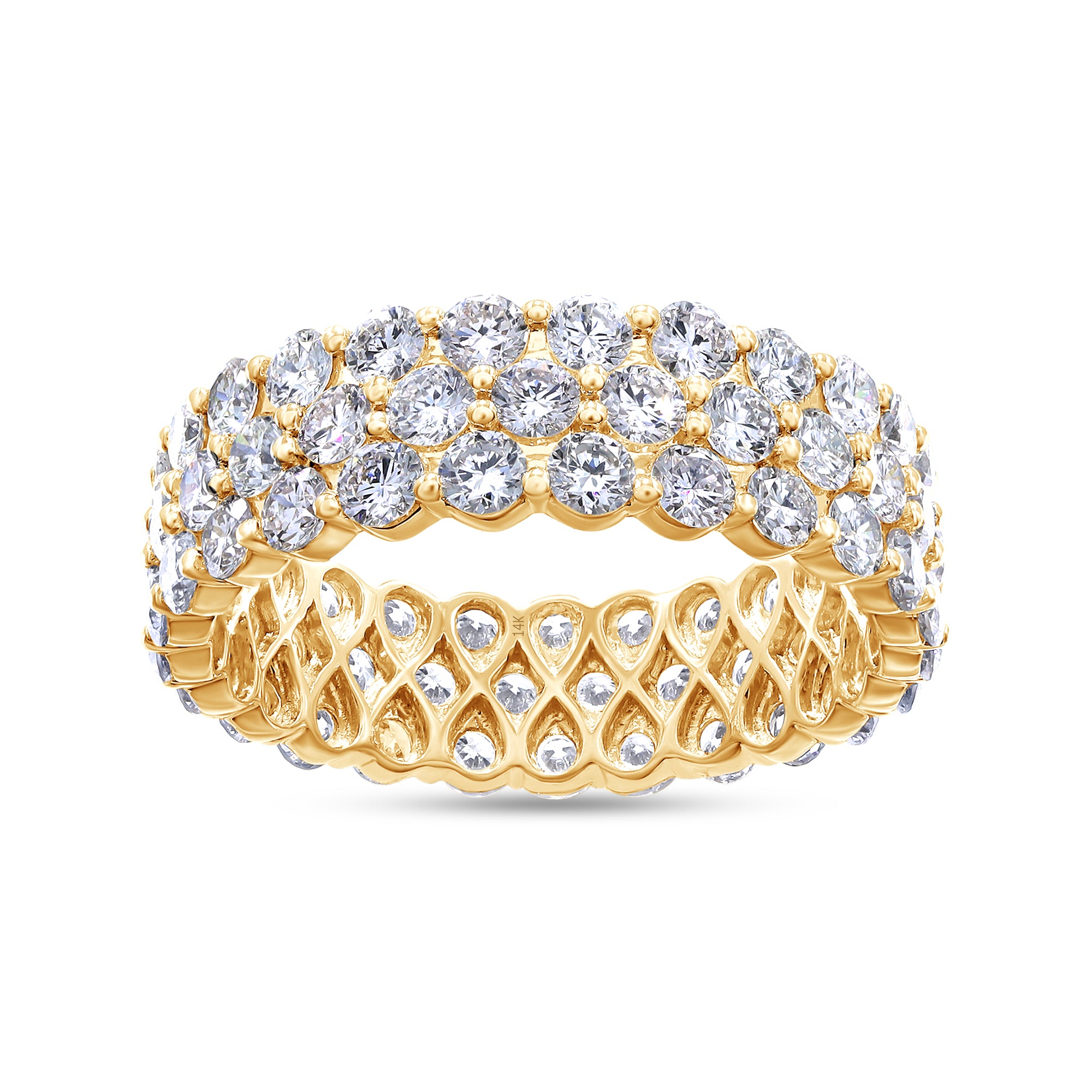Gold ring with diamond accents on a white background