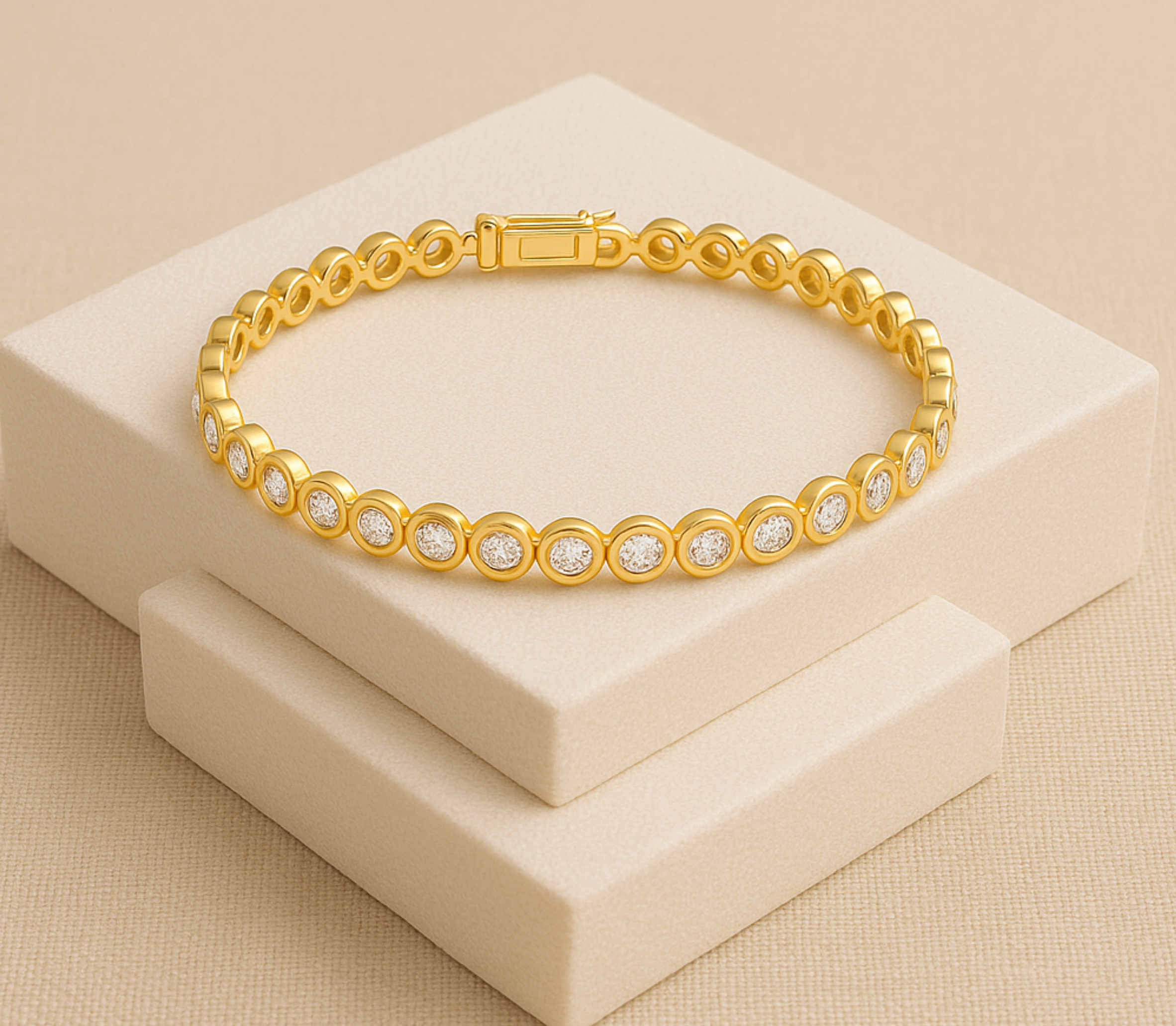 Gold bracelet with diamonds on a beige stand