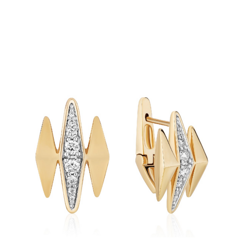 Gold earrings with diamond accents on a white background