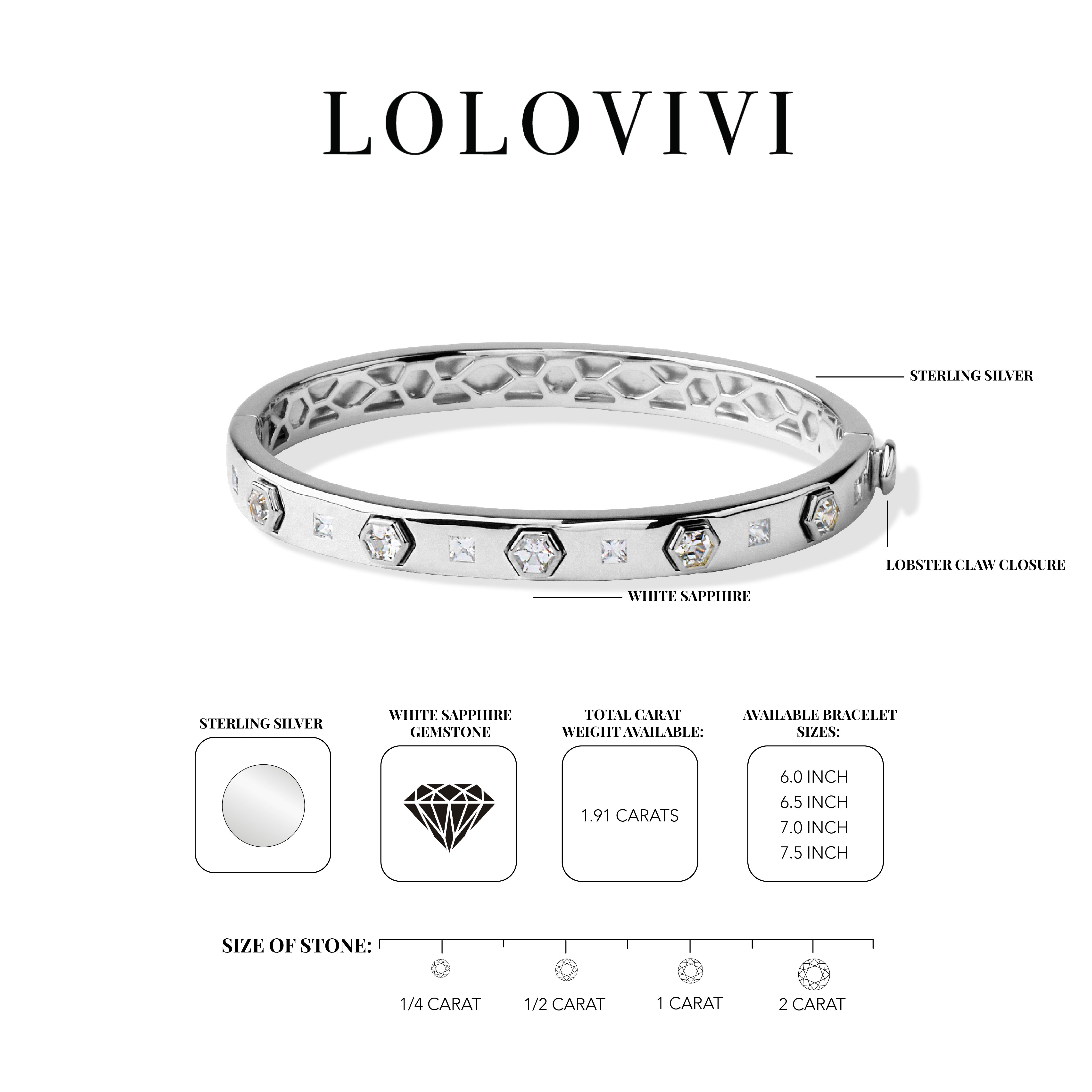 Sterling silver bangle bracelet with white sapphire gemstones and lobster claw closure.
