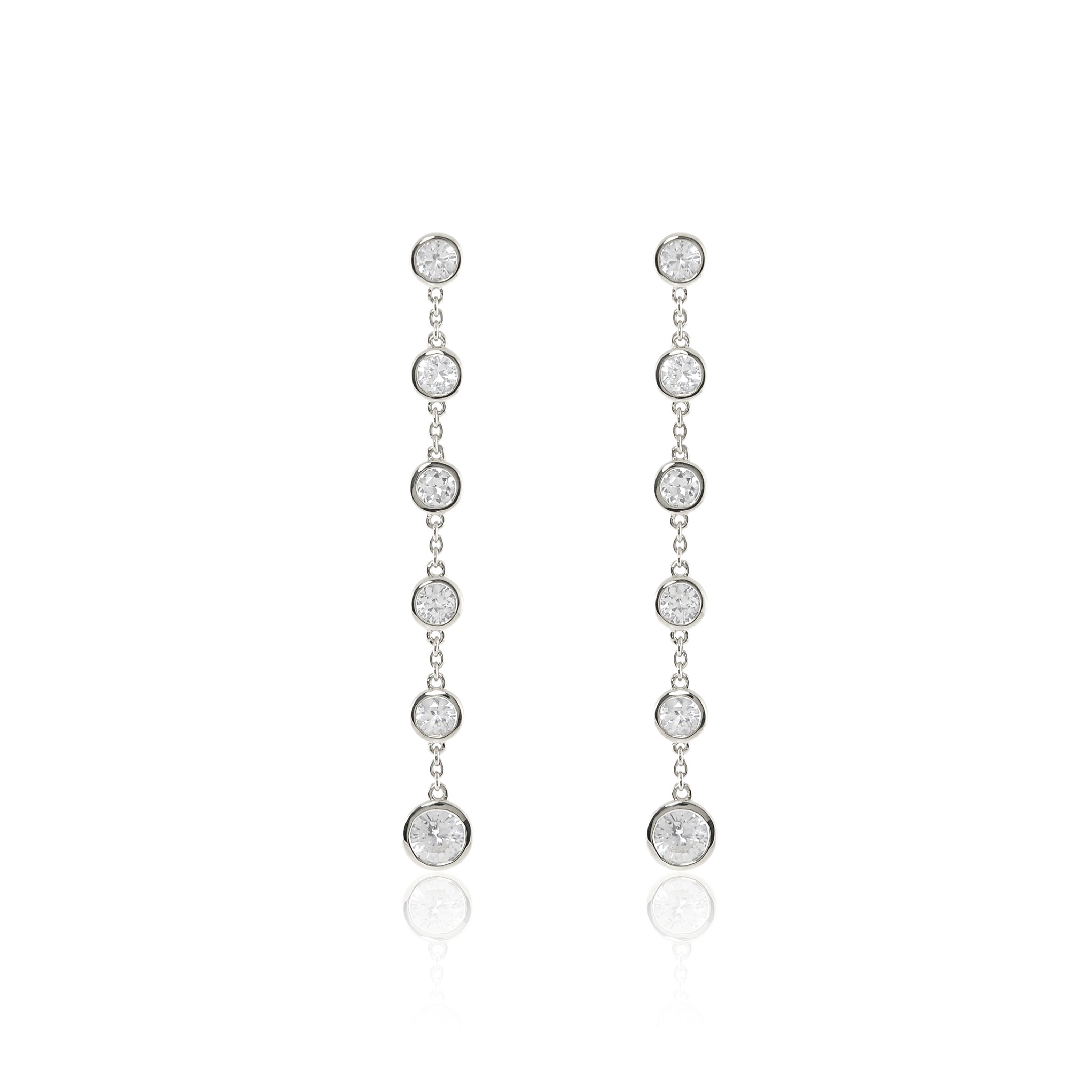 Sterling silver dangle earrings with round white gemstones in a chain design.
