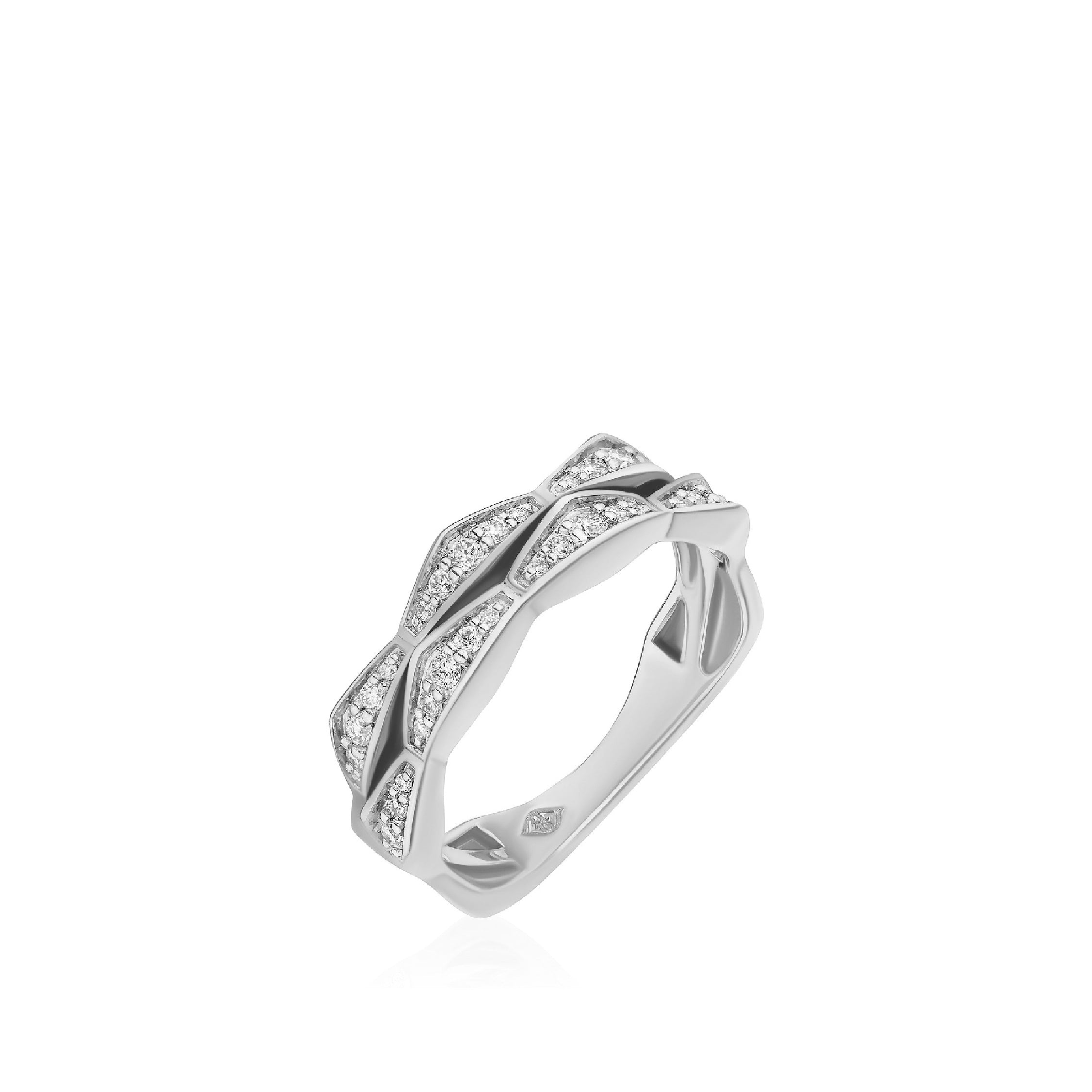 Sterling silver ring with gemstone accents, featuring a double band design and intricate detailing.