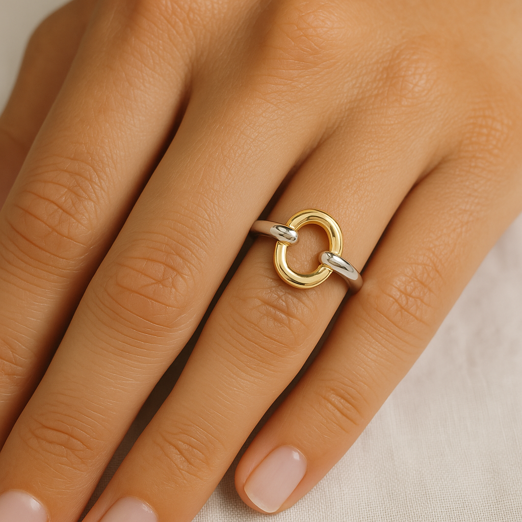 Sterling silver with solid gold ring on hand 