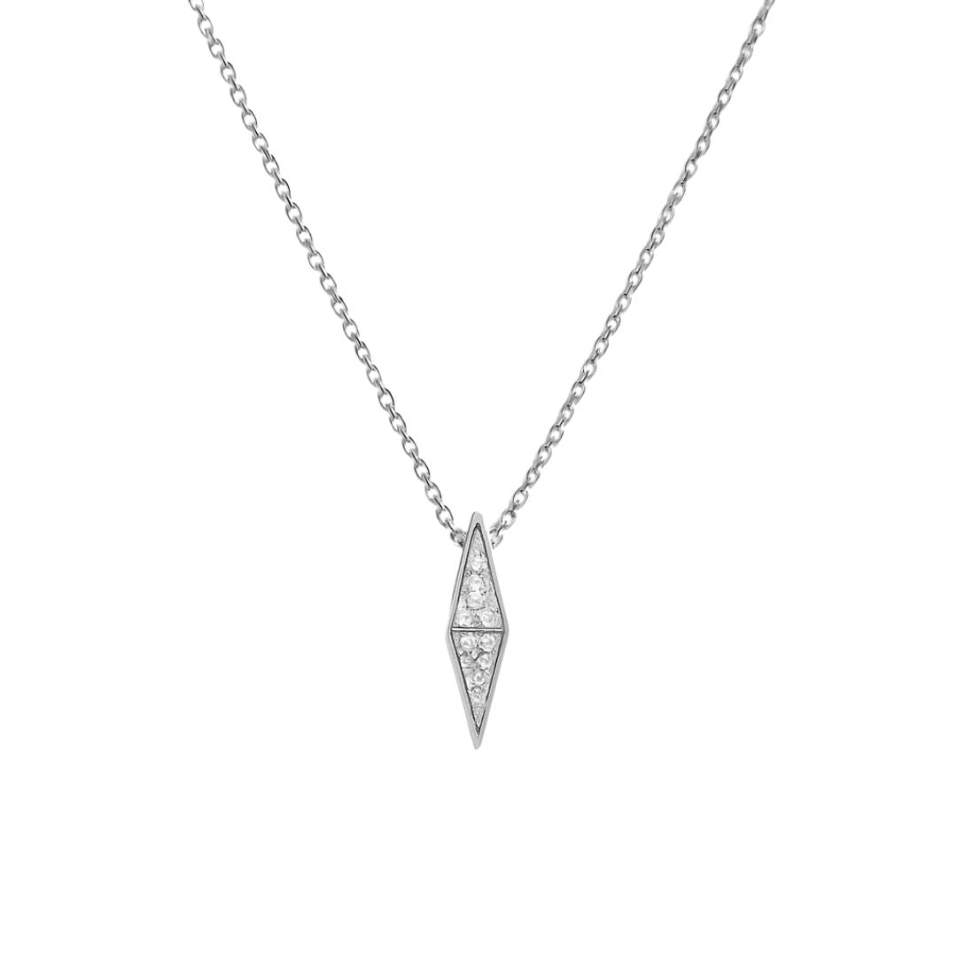 Silver necklace with a diamond-encrusted pendant on a white background