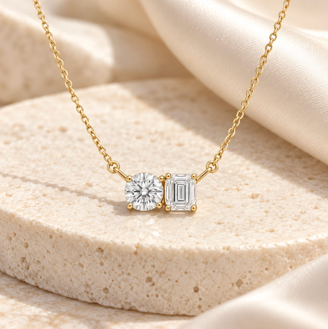The Margo Round & Emerald Diamond Necklace – 14K Gold Vermeil or Sterling Silver with Lab-Grown Diamonds