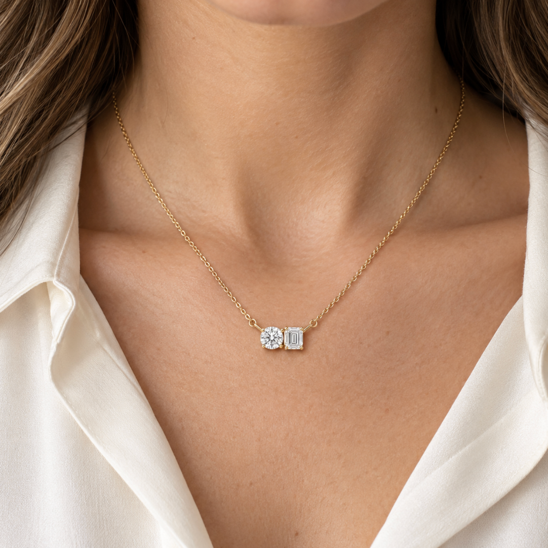 The Margo Round & Emerald Diamond Necklace – 14K Gold Vermeil or Sterling Silver with Lab-Grown Diamonds