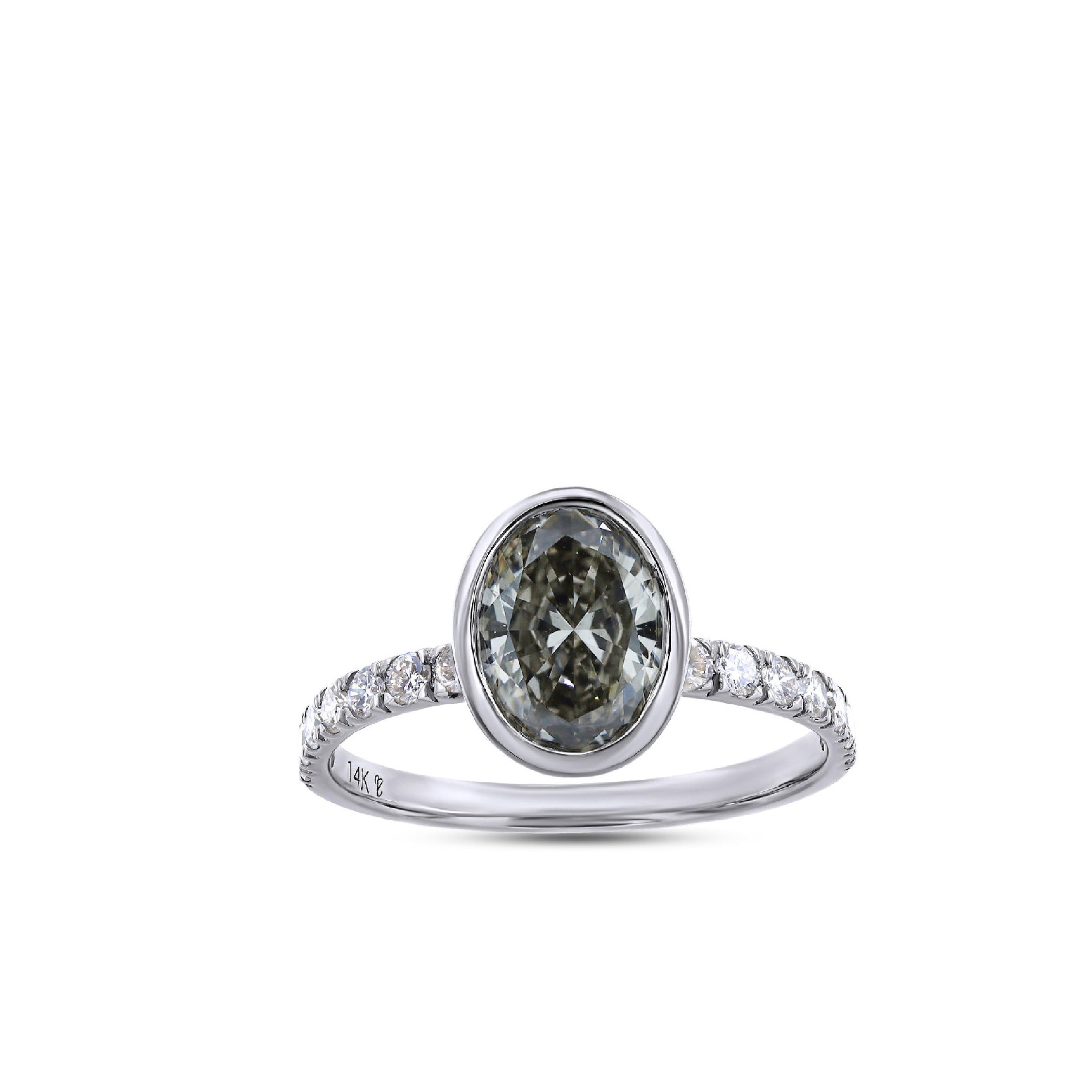 White gold ring with a smokey lab-grown diamond and small side stones.
