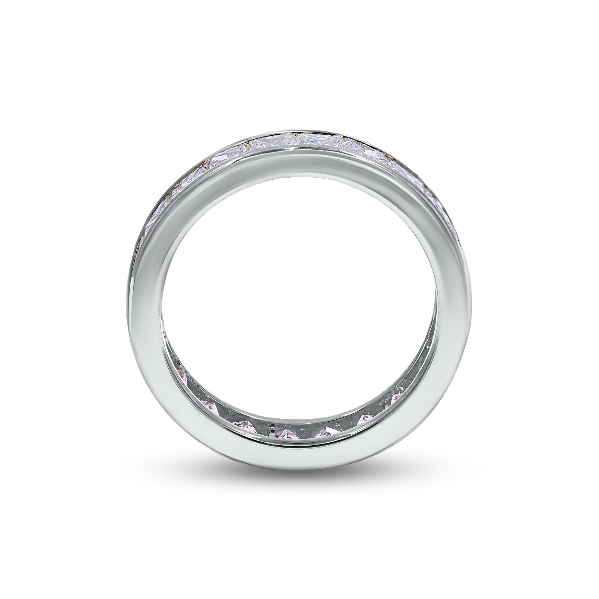 Silver ring with embedded diamonds on a white background