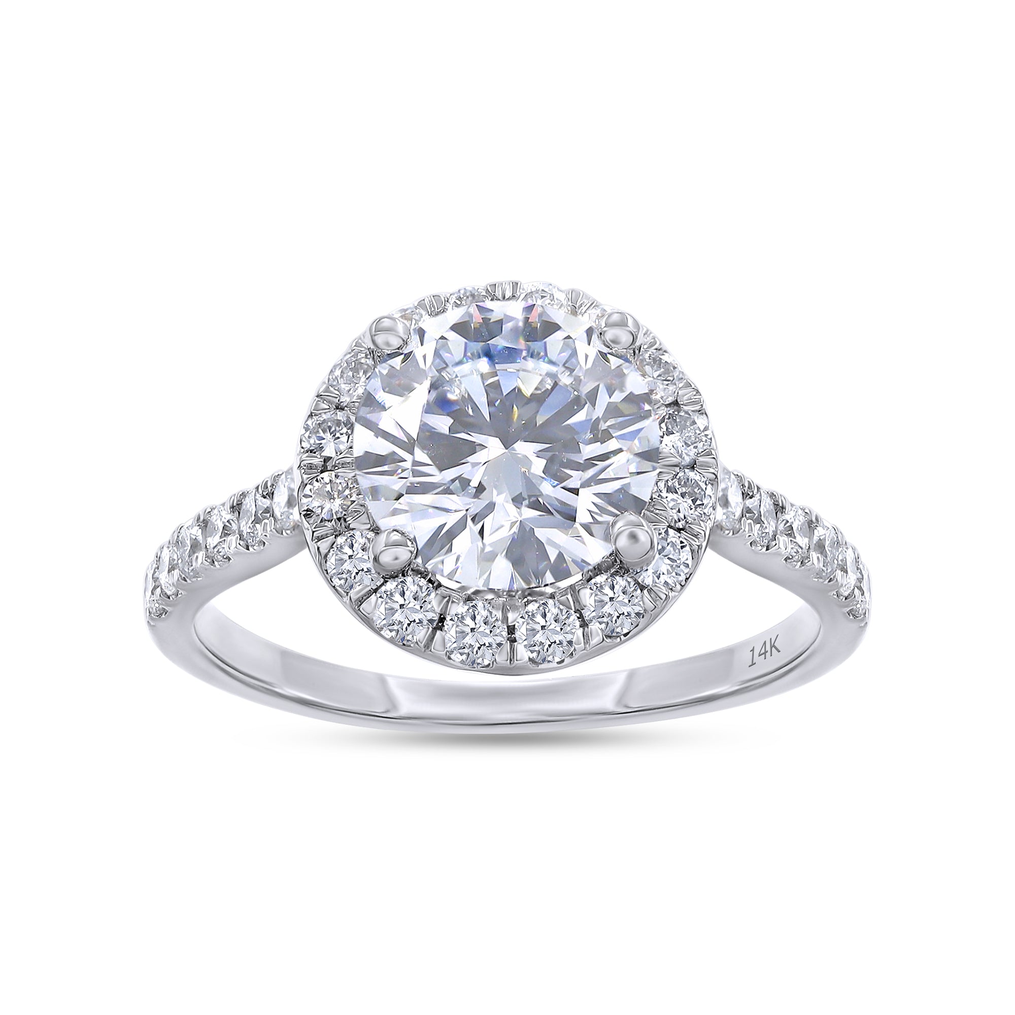 Diamond ring with a halo on a white background