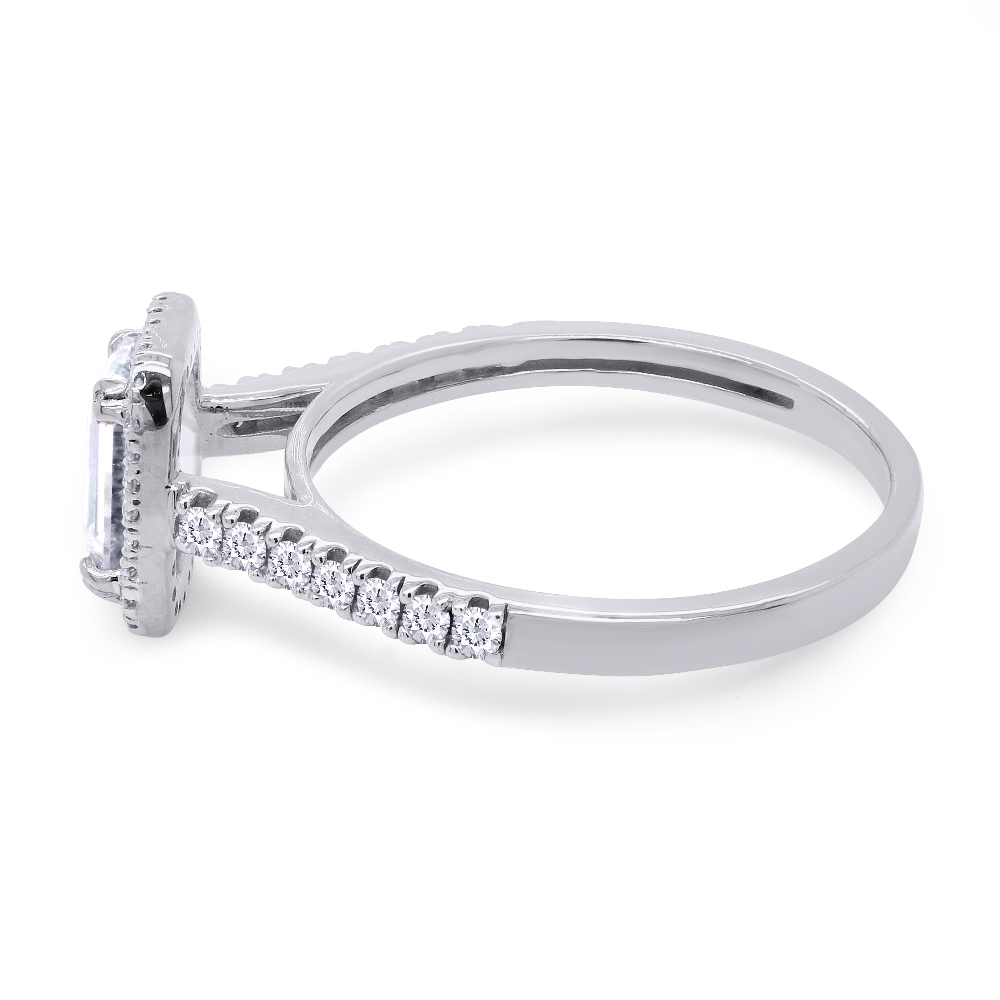 Diamond ring with a white gold band on a white background
